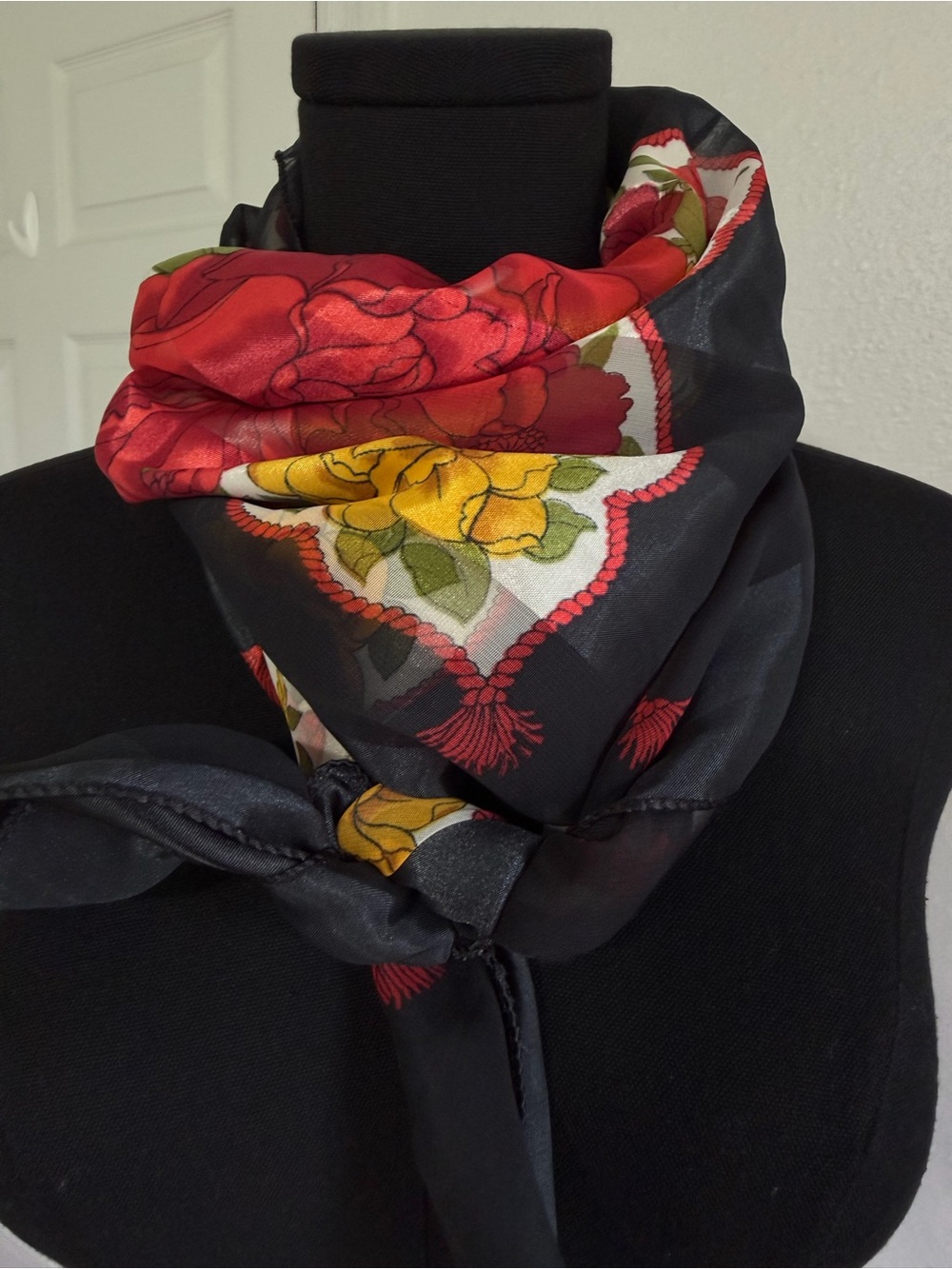 Floral Sheer Square Scarf Red Yellow Roses Black Border 35x35
